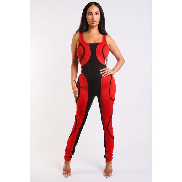 Boutique Pants - Women's Colorblocked Jumpsuit With Binding Detail Square Neck Strappy Sleeve